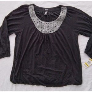 Alfani Pure Luxe Black Long Sleeve Blouse Beaded Womens Size  Medium